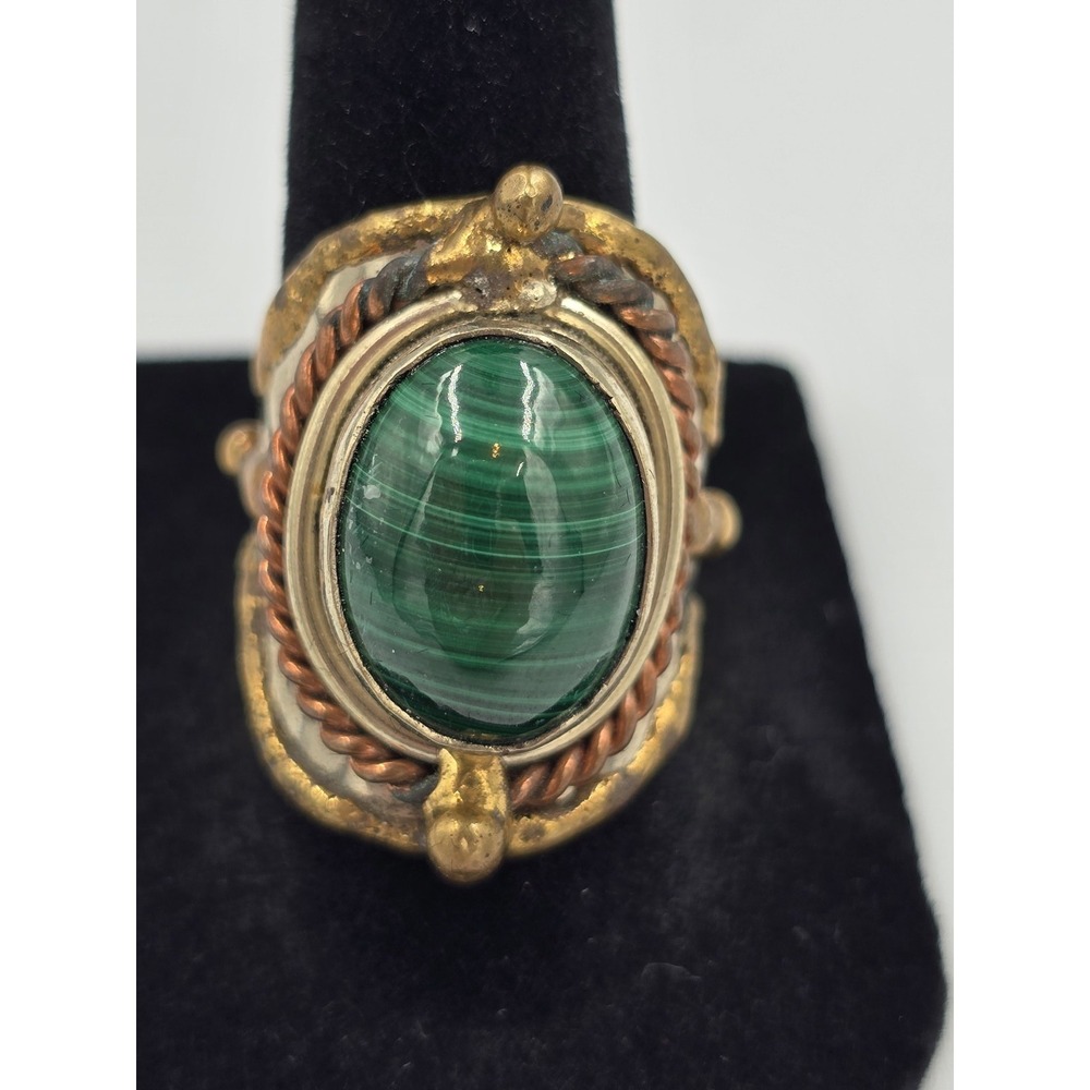 Malachite Cabochon Ring Mixed Metal Statement‎ Gold Silver Copper Tone Size 7